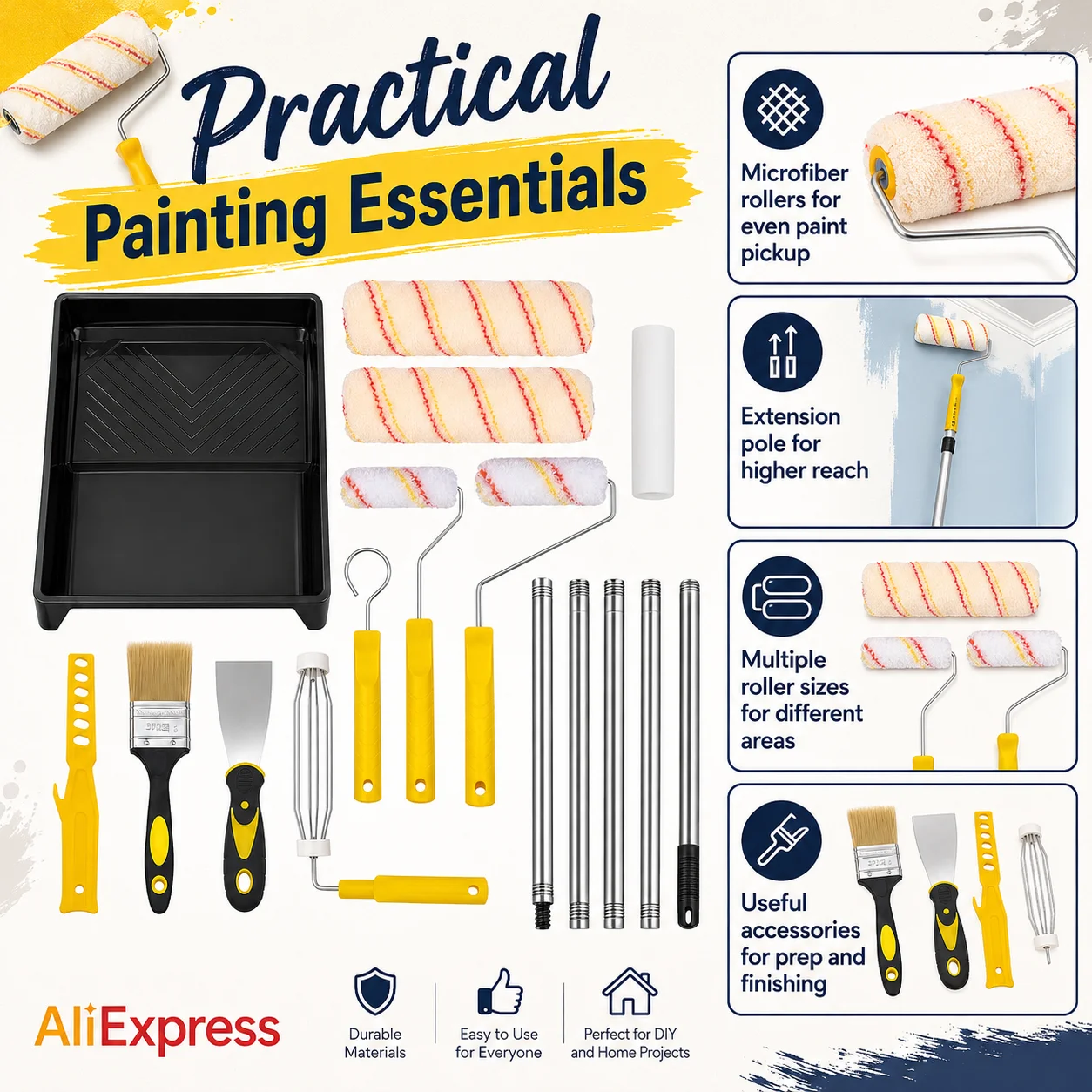 GOOGO 13-Piece Paint Roller Set with 150cm Stainless Steel Pole Microfiber Rollers Tray Brush for Wall Painting Kit Yellow view 6