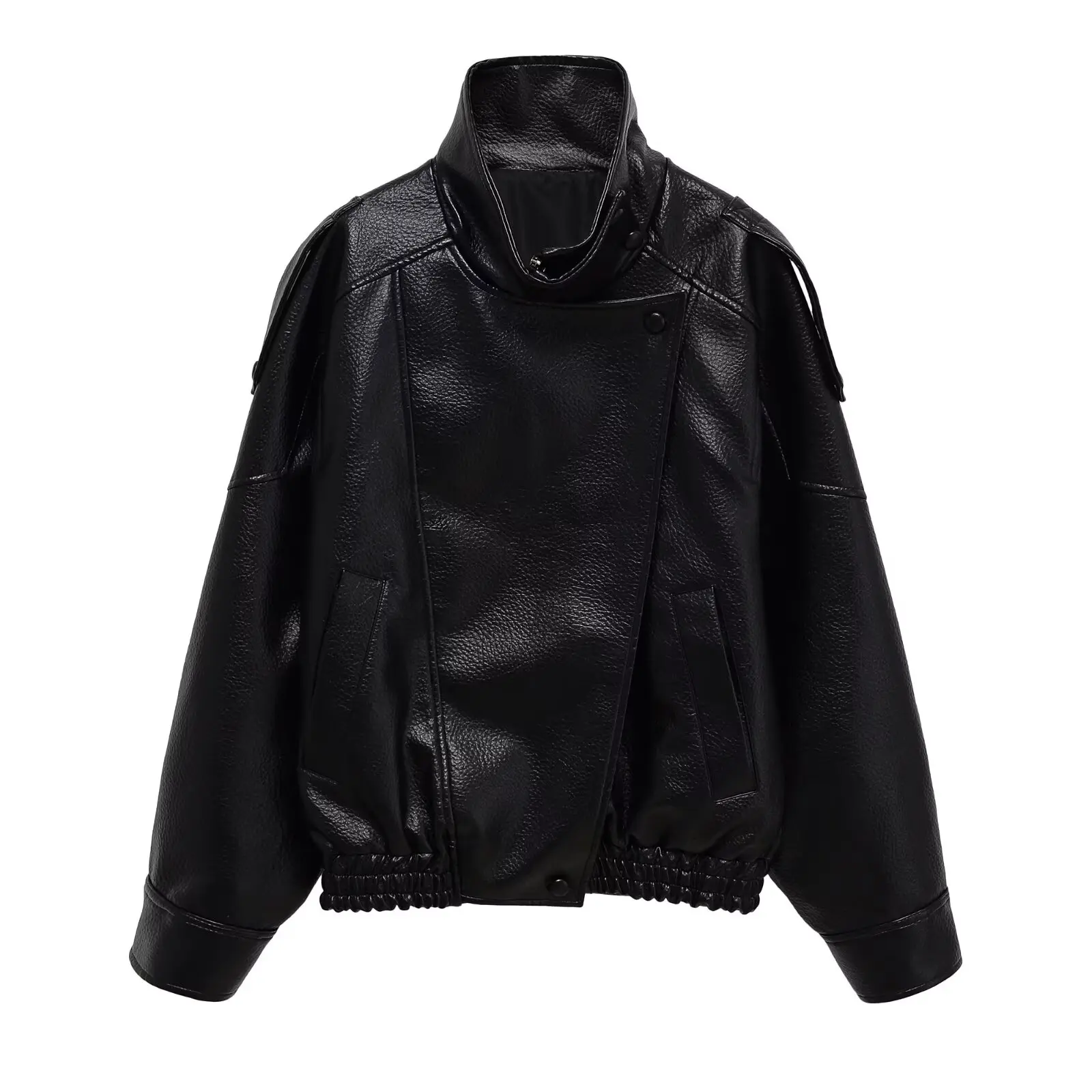 

Новое поступление 2025 года, черная кожаная куртка с асимметричной молнией, женская винтажная куртка-пилот, топ с длинными рукавами, модное зимнее пальто