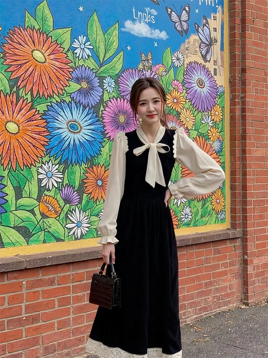 Damenkleider Schwarz A-Linie Patchwork Herbst Frühling Pailletten Elastisch Gestreift Rundhalsausschnitt Neckholder Taillierter Arbeit Ausgefallener Ausschnitt