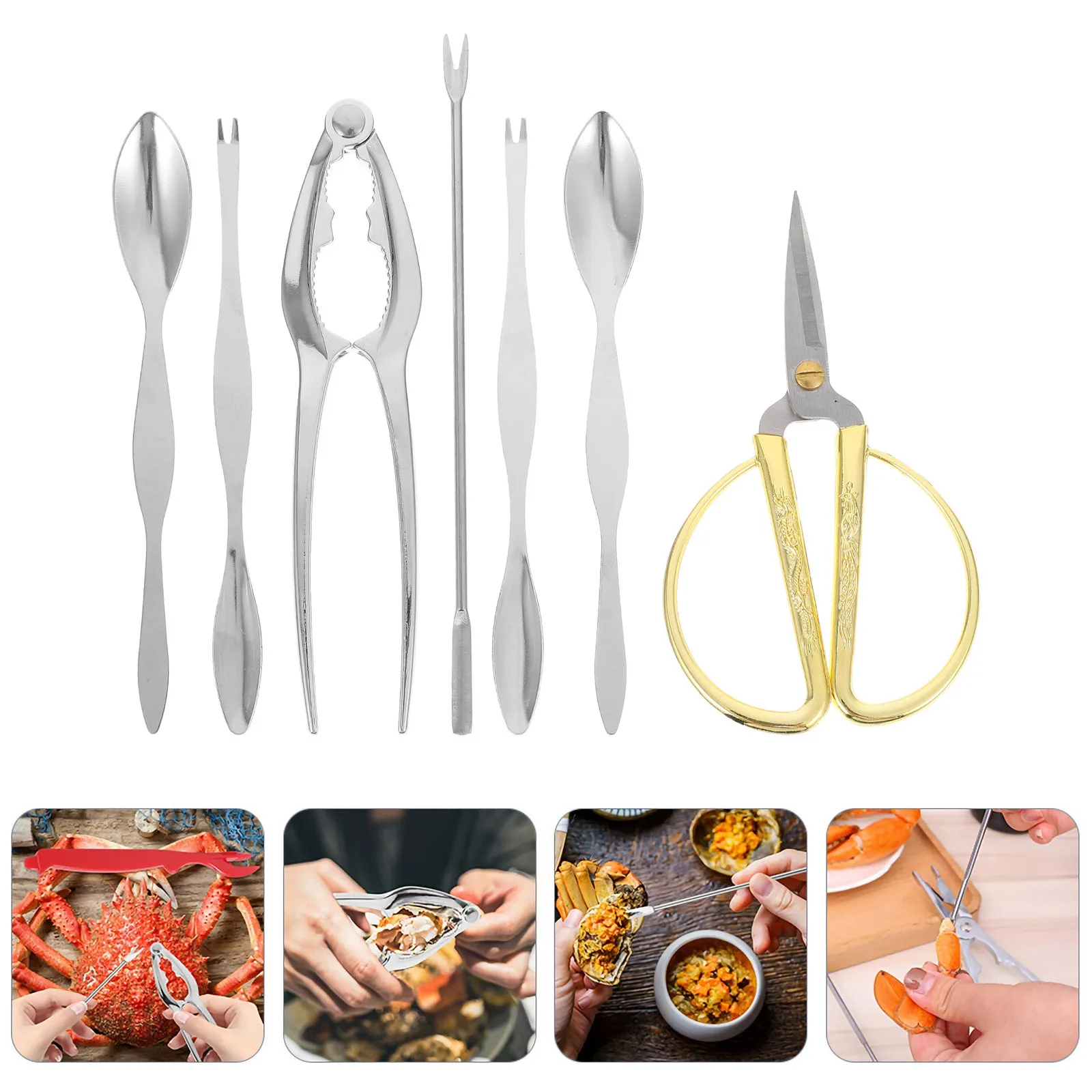 

1 Set Crab Tool Kit Assorted Color Easy Clean Seafood Eating Solution Crab Spoon Plier Shear Combo For Lobster Hard Shell Gift