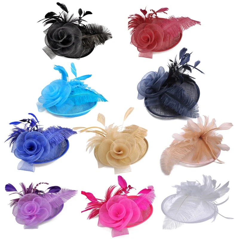 Casamento cocktail chá festa headwear feminino floral grampo de cabelo elegante fascinadores bonés malha flor pena boné ano novo moda