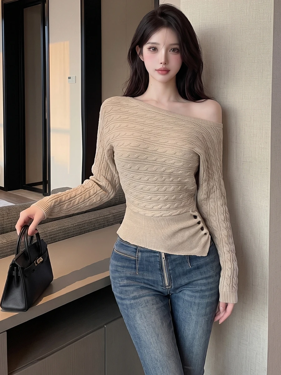 Casual Style Oatmeal Shoulder Knitted Sweater Waist Cinching Slim Fit Button Pressed Pleat Design Inner Wear Shirt for Women