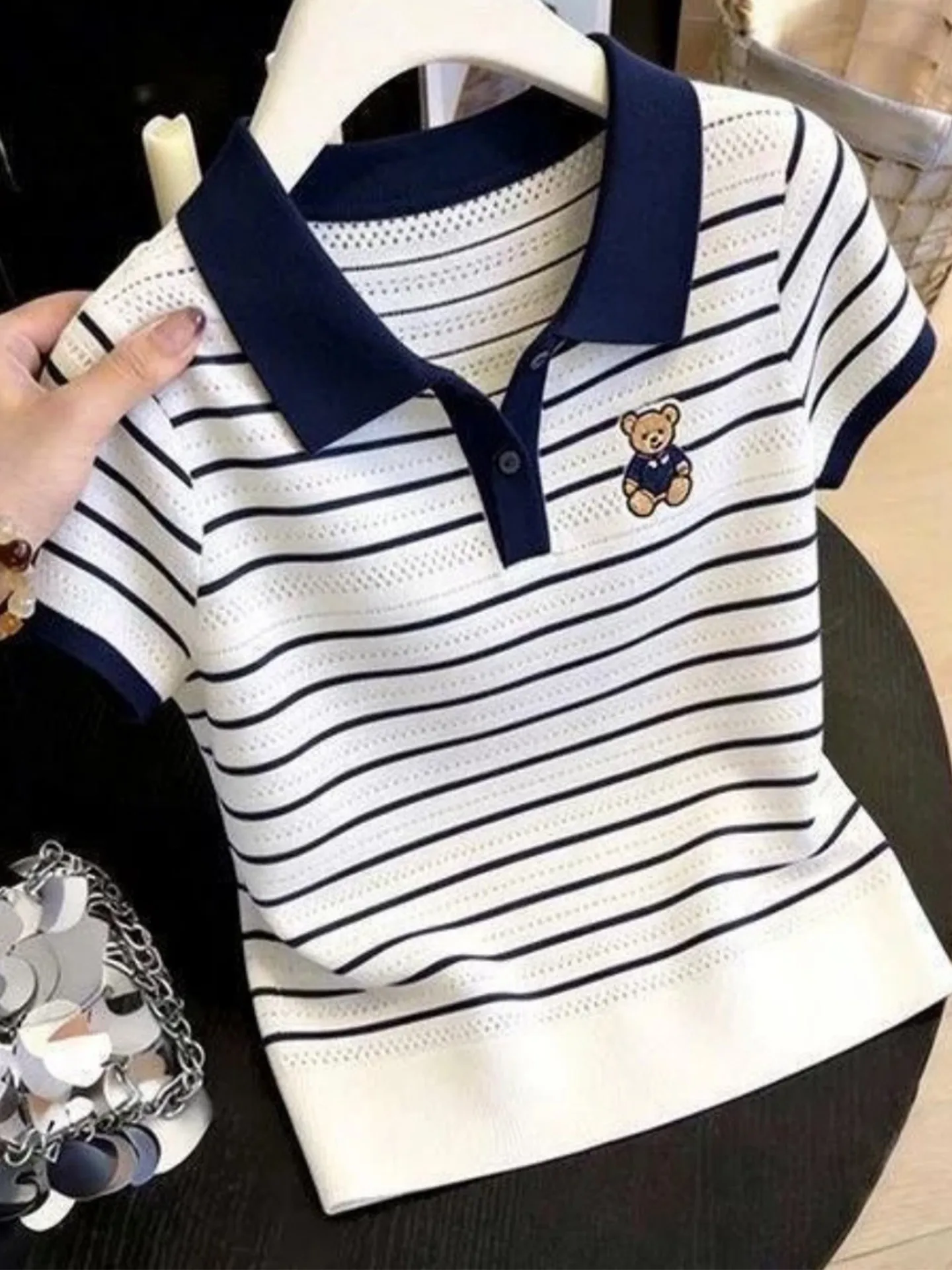 Outlet Guangzhou Thirteenth Factory Color Block Stripe Bear Embroidery Short Sleeve Women's Ice Silk Knitted Top Summer T-Shirt