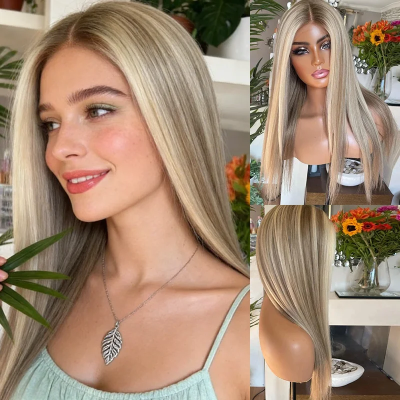 

Synthetic Wigs Hd Lace Frontal Wig 13x4 HD Straight Ash Brown Blonde Highlights Transparent Women"s Hair Glueless Daily Wear