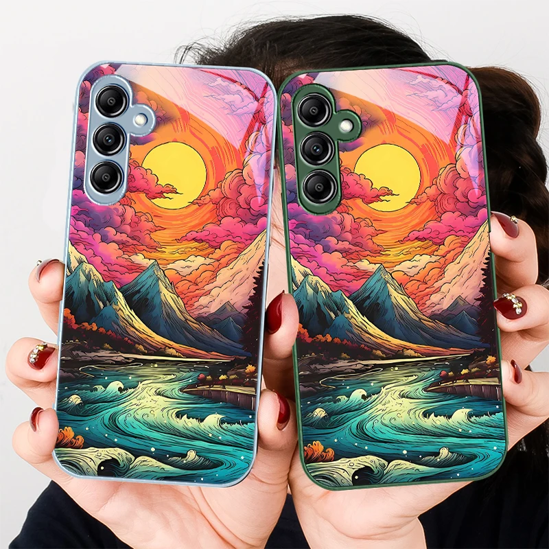 Oil Painting Mountain for Samsung Galaxy A01 02 03 Core A04 A14 4G A13 54 34 31 20 25 23 22 5G S21 Ultra S20 glass phone case