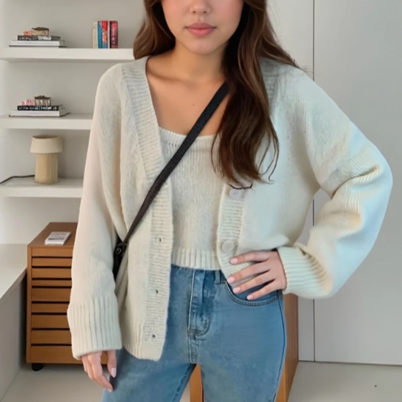 

Осень-зима 2022, корейский вязаный комплект из двух предметов, однотонный кардиган с длинными рукавами и v-образным вырезом, жилет без рукавов, повседневный трикотаж