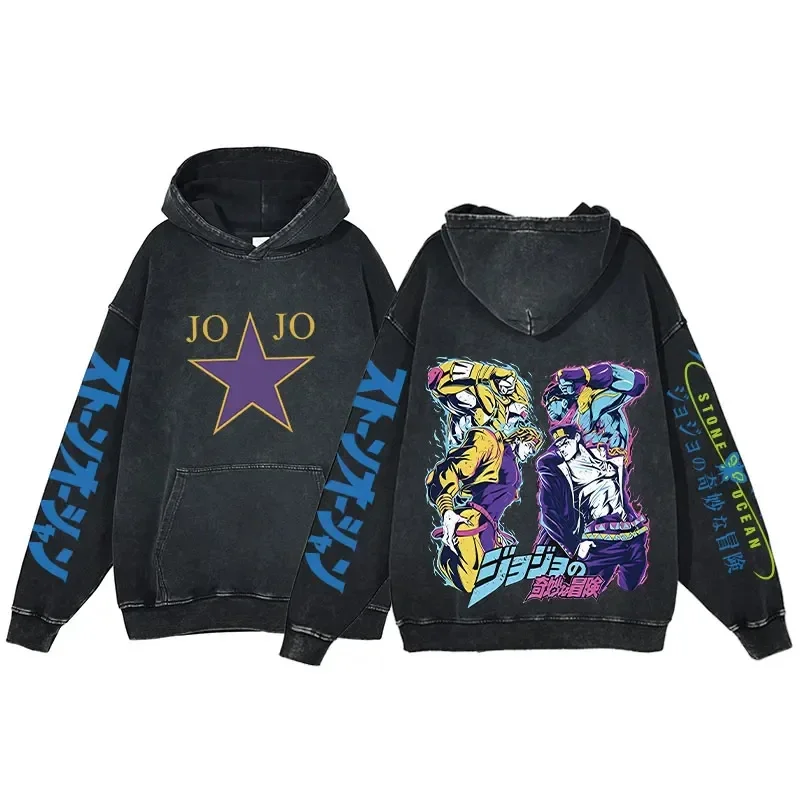 أنيمي هوديس للرجال النساء خمر حمض غسل البلوز القمم مقنعين البلوز مع جيب الكنغر عادية Harajuku الشارع الشهير #6