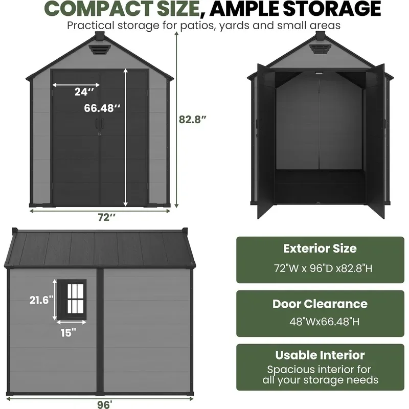 6x8 FT Resin Outdoor Storage Shed with Floor and Window Light Gray
