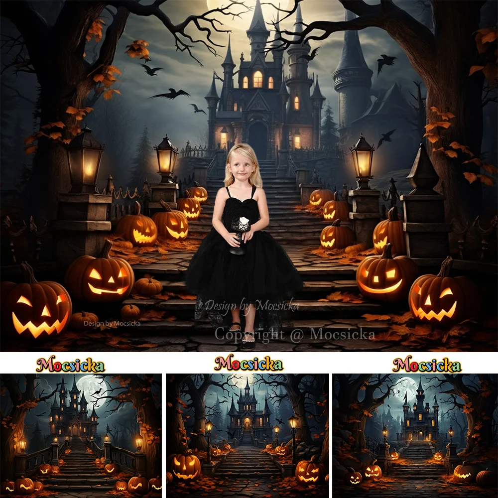 

Mocsicka Halloween Night Background Horror Castle Steps Forest Pumpkin Lantern Backdrop Kids Birthday Cake Smash Photo Studio