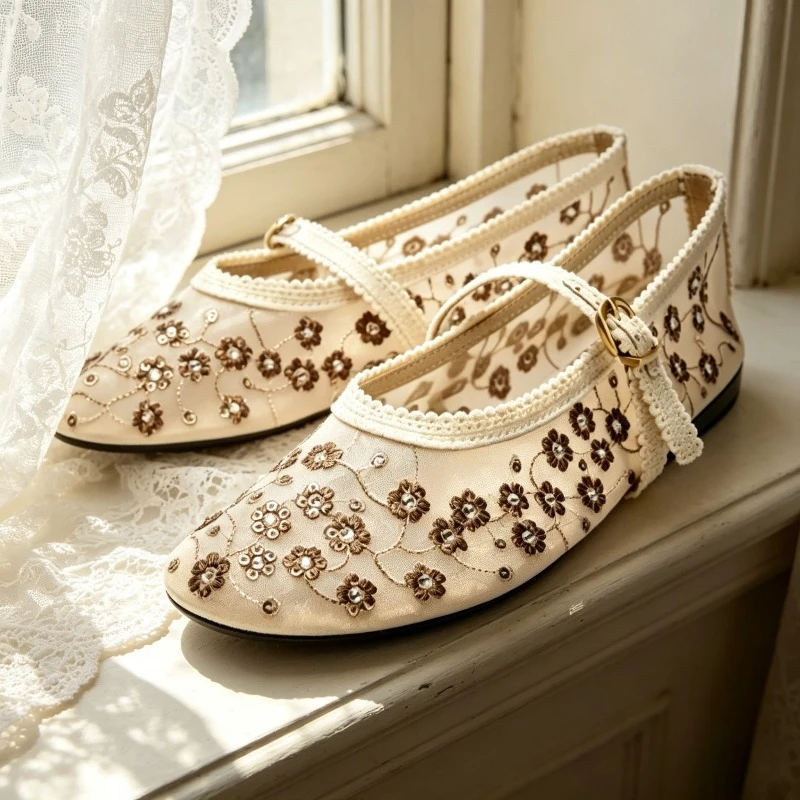 Luxury Embroidered Mesh Ballet Flats Women Rhinestone Detail Breathable Mary Jane Shoes Elegant Designer Party Shoes for Ladies