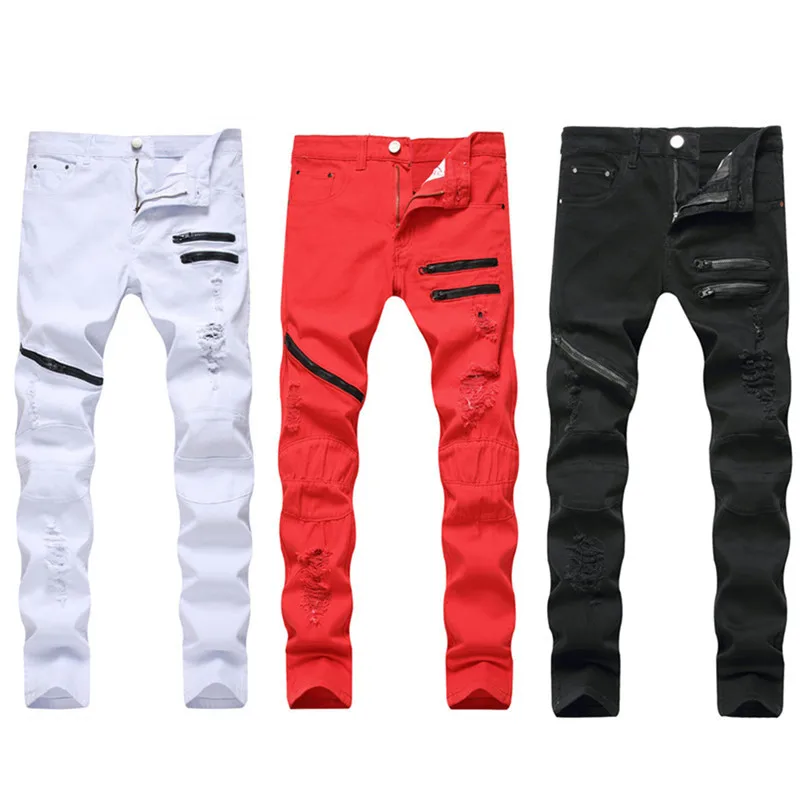 

New European and American Men's Zippered Casual Jeans with Three Color Distressed Zipper Slim Fit Straight Leg Men's Pants