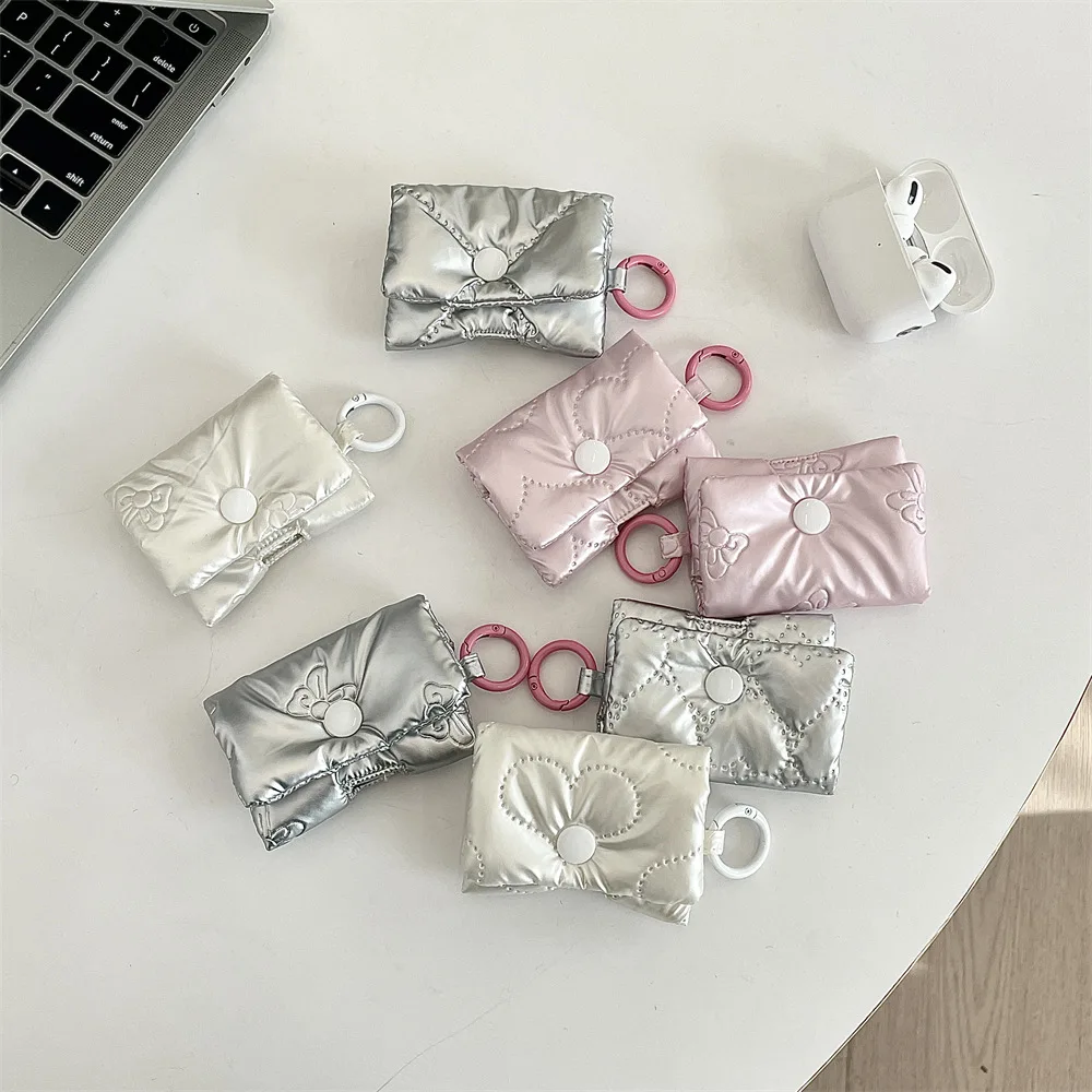 New Cute Heart Earphone Bag for Women Soft PU Leather Bow Headphone Storage Bag Silver Bluetooth Headset Earphone Case Gifts