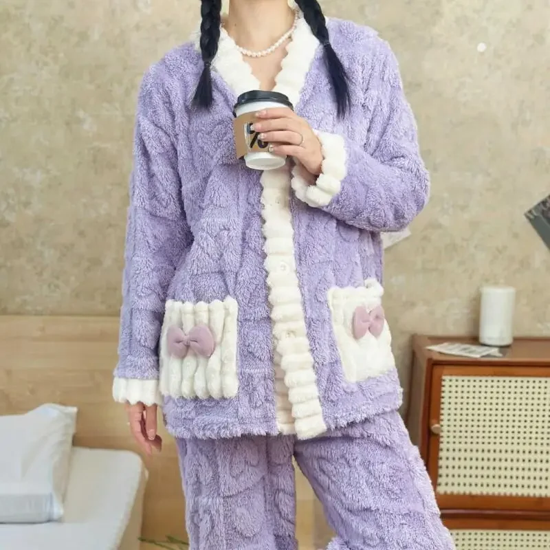 

Winter Warm Thicken Homewear Coral Fleece Pajamas Suit Women Cute Flower Pocket Pijama Mujer Long Sleeve Loungewear Nightwear