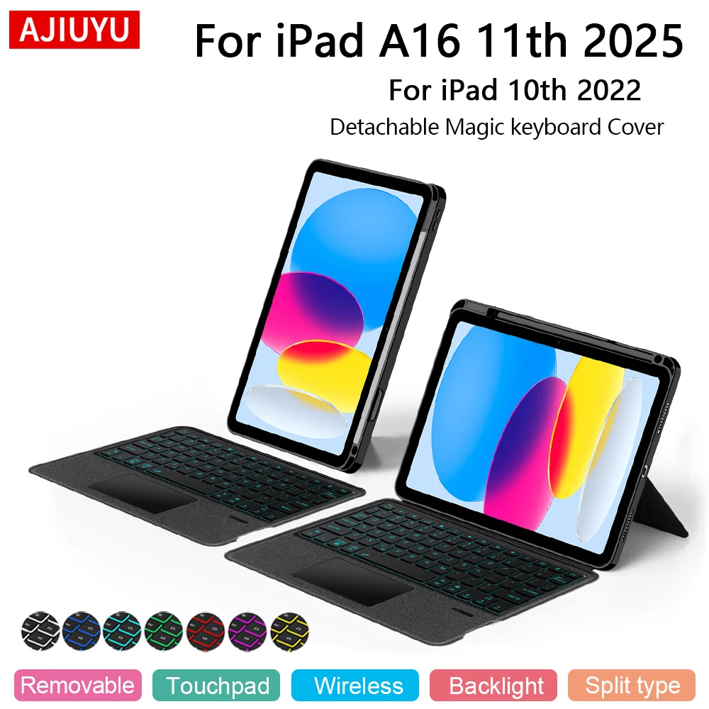 

Чехол с клавиатурой AJIUYU для iPad A16 2025, 11 дюймов, 11-й смарт-чехол для iPad 10, 10-го поколения, 2022, подсветка сенсорной панели, клавиатура