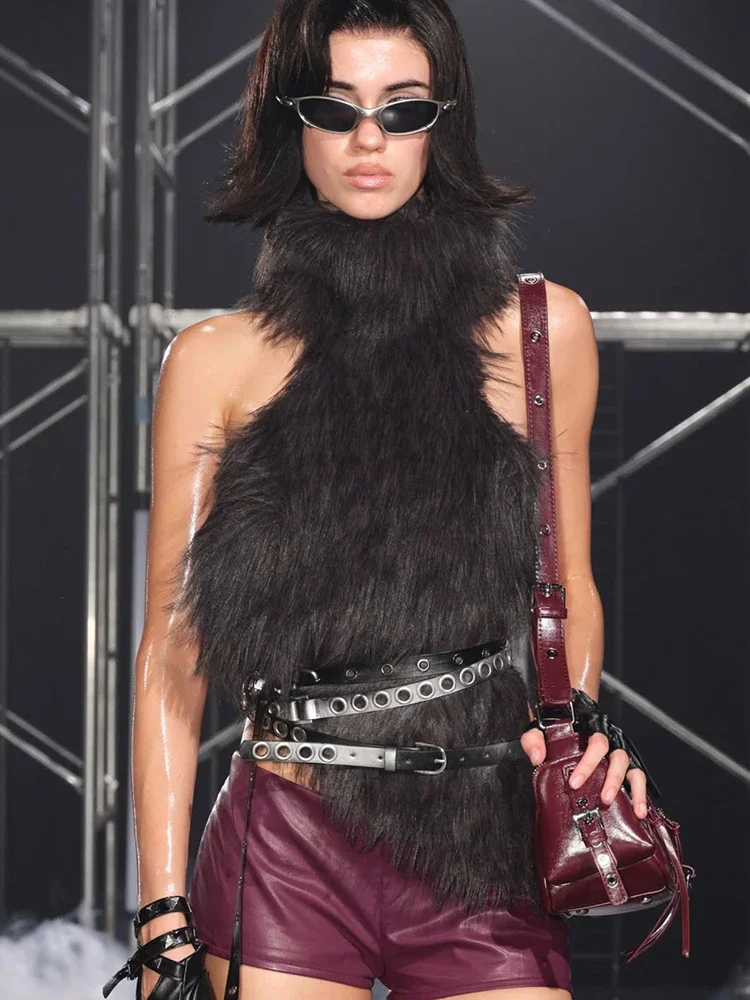 

Sisterlinda Furry Backless Tank Tops Women Halter Y2K Sashes Hollow Turtleneck Sexy Simple Street Clubwear Gothic Punk Slim Vest