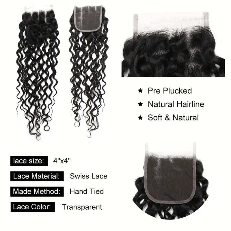 Water Wave Hair 3 Bundles With Closure 100% Natural Human Hair Weave Bundle With 4x4 Closure Human Hair Extensions Natural Color