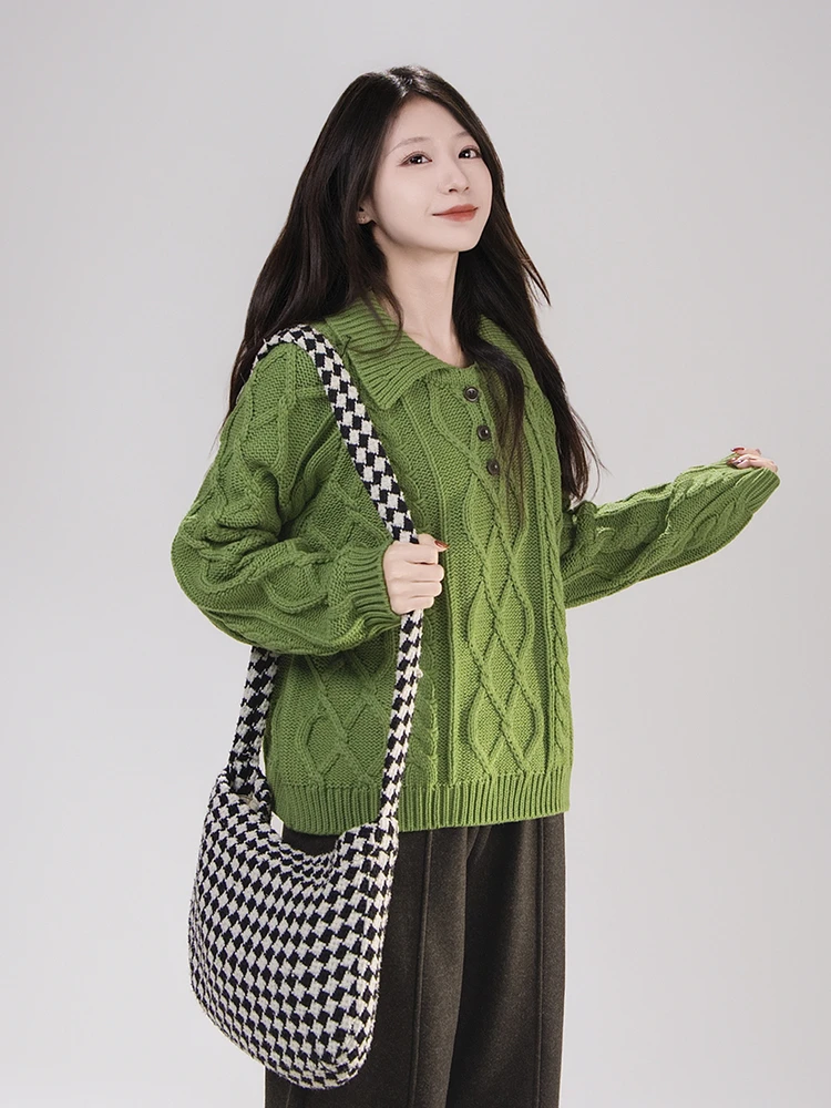 

Retro Sle een Knitted Sweater Women's Ne Tee Button Coarse Needle Twist Yarn Lazy Winter Knitwear Art Wild Series