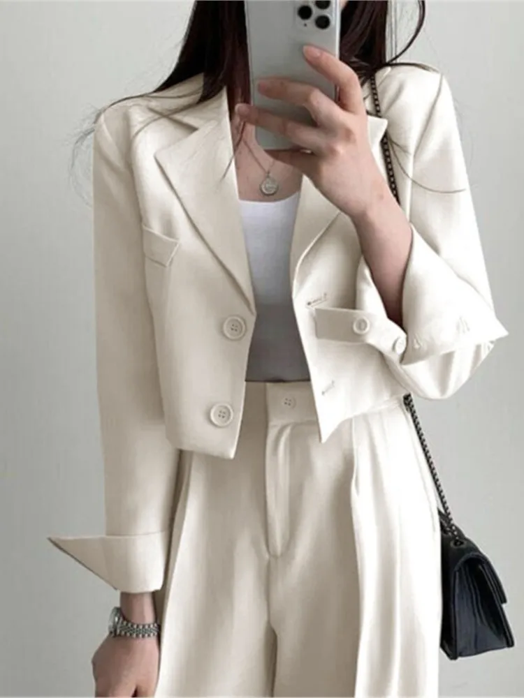 

Casual Solid Suits Blazer Two Piece Sets Short Jacket Wide Leg High Waist Pants Office Lady Autumn Spring Korean Chic Outfits