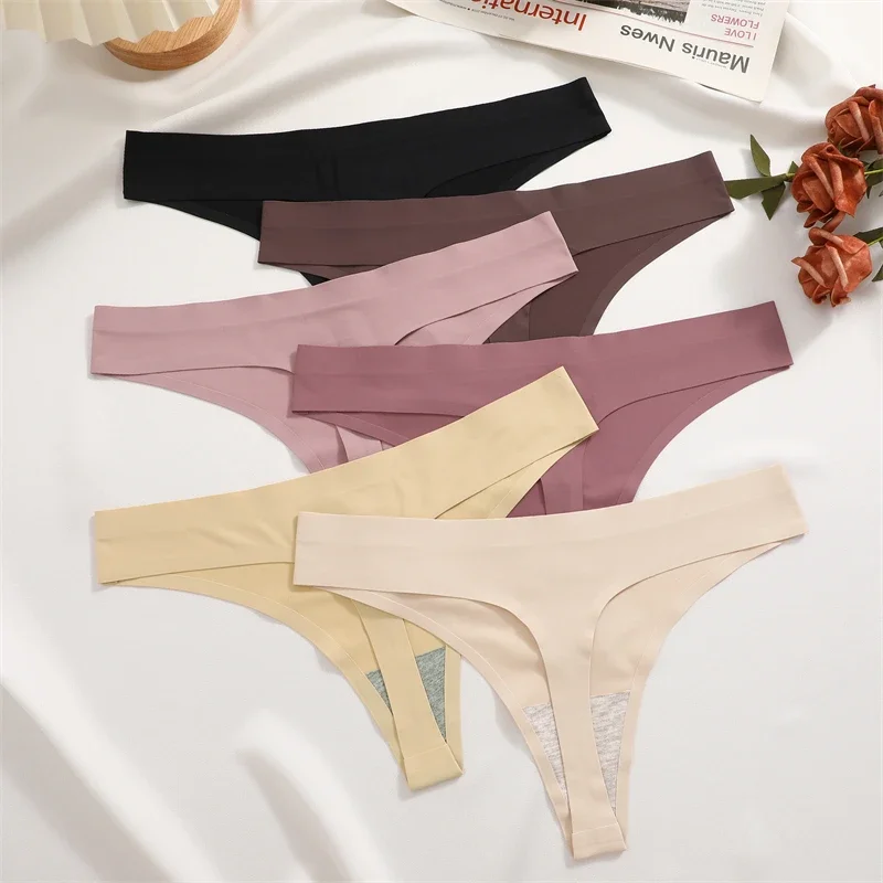 FINETOO 3PCS Seamless Female Thongs Sexy Women's Panties Silk Satin Underwear G-Strings Low-Rise Invisible Underpants T-Back Hot