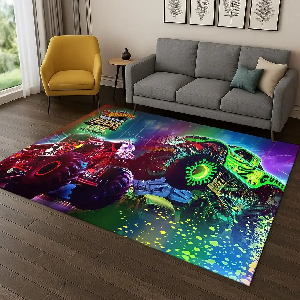 

3D-ковер с изображением гоночного автомобиля Hot Wheels и монстр-трака, мультяшный коврик для спальни, гостиной, дивана, придверный коврик, домашний декор, нескользящий коврик, подарок