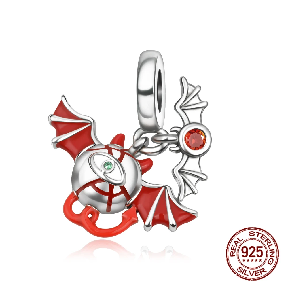 

925 Sterling Silver Halloween Red Bat Imp Pendant Christmas Charm Fit Original Charm Bracelets Women DIY Jewelry Gift