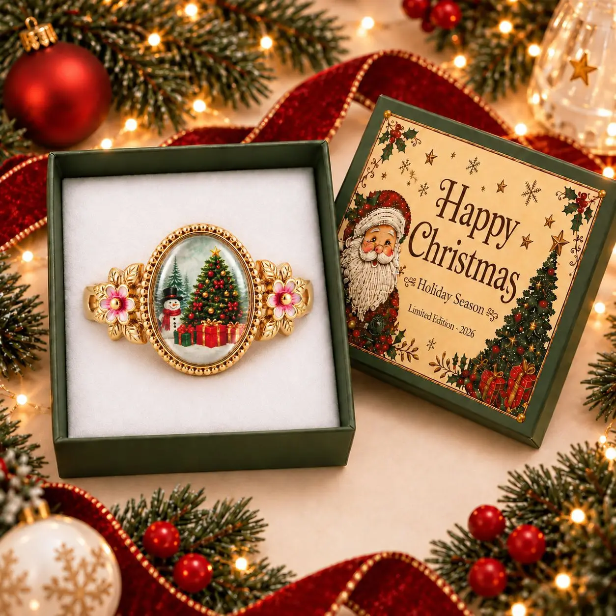 Vintage Santa Claus Brooch Christmas Portrait Gold Frame Flower Lapel Pin Retro Holiday Badge Jewelry Gift for Women