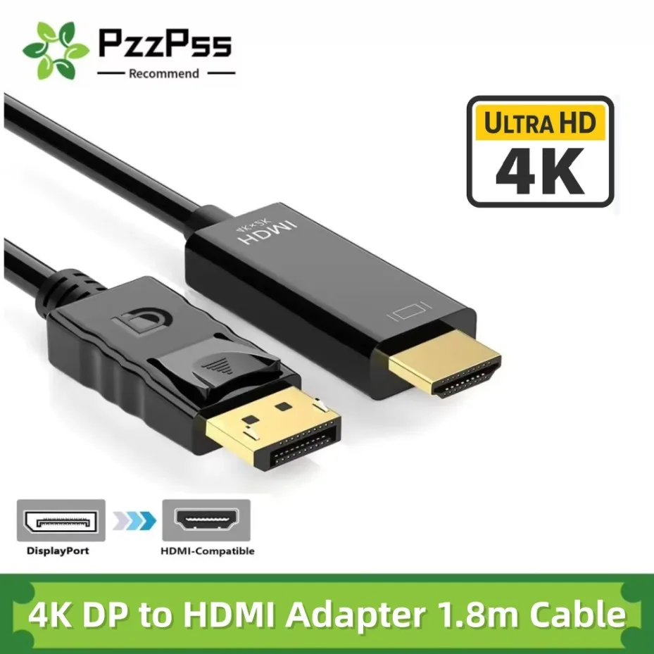 1,8M DP zu HDMI Adapterkabel, 4K 2K Ultra HD DisplayPort zu HDMI Konverter für PC Laptop TV Monitor Projektor