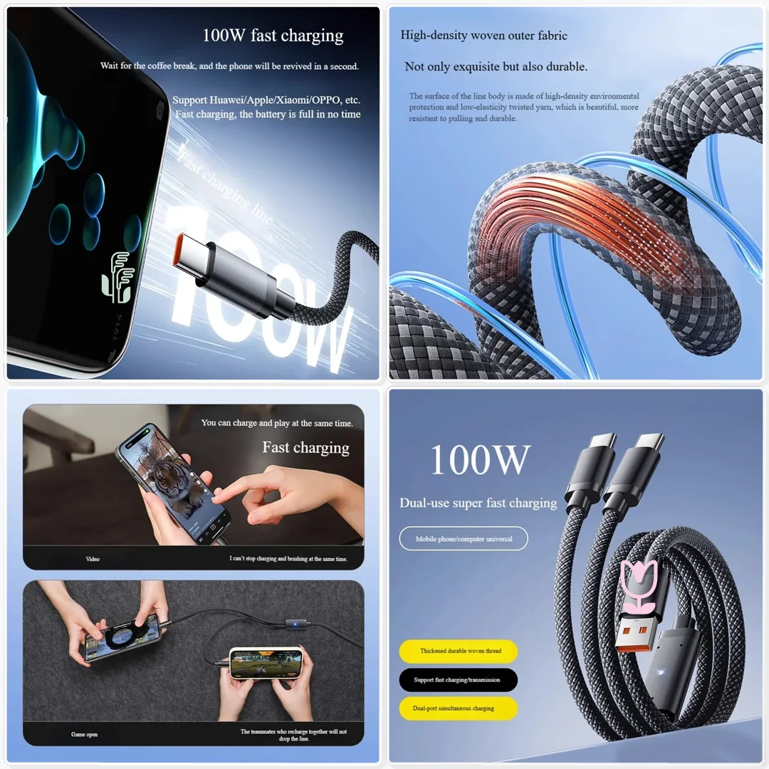 Dual Port Type C Fast Charging Cable 2 in 1 100W USB to 2 USB C Laptop Docking Station Peripheral Connect