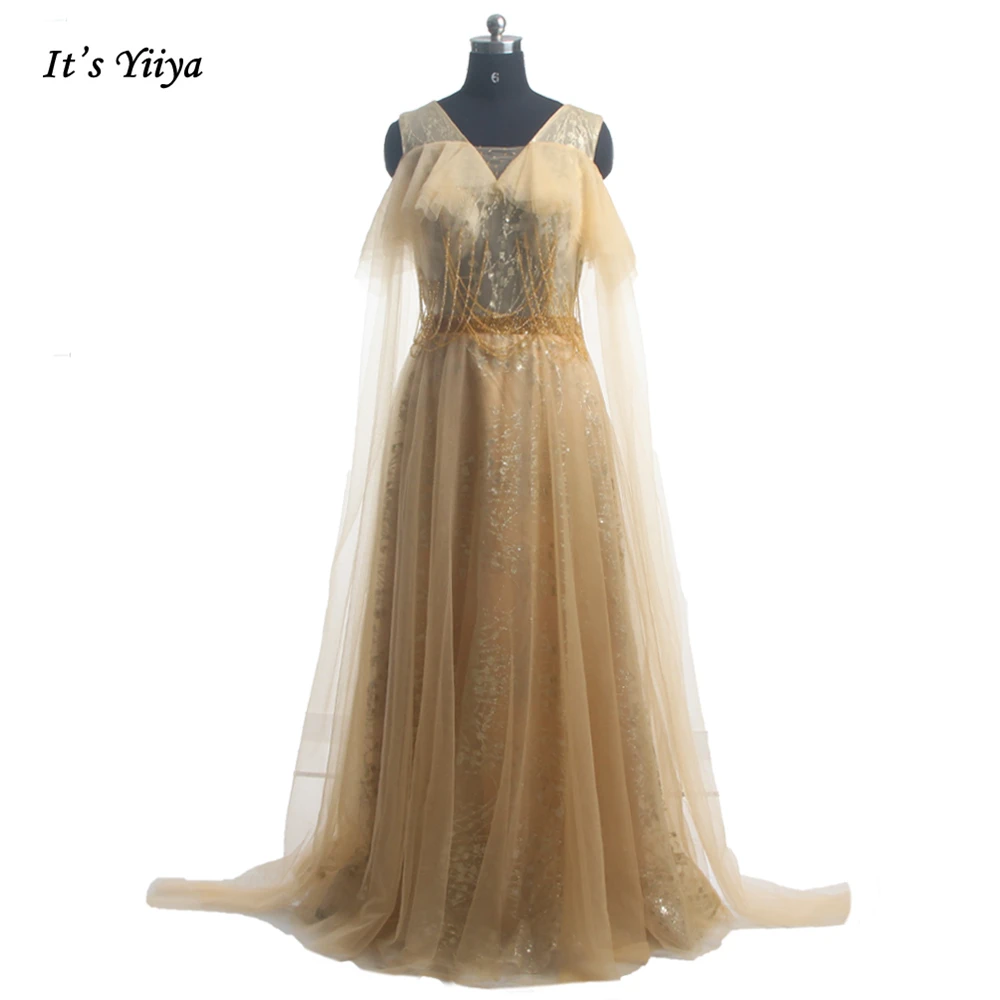 

It's Yiiya Evening Dress Golden Beading Bling Quality V-neck Off the Sholder A-line Floor length Woman Party Formal Dresses B261