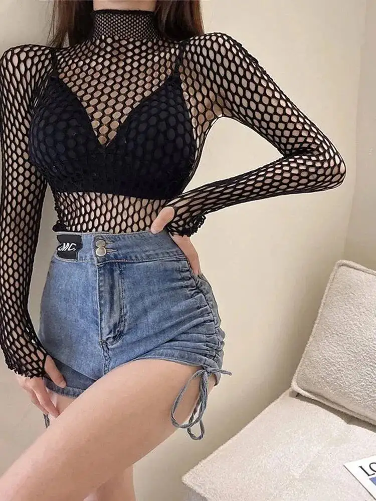 Gothic Sexy Black Fishnet Mesh See Through T-Shirt Women Skinny Goth Hollow Out Long Sleeve Shirts Crop Top Tee Streetwear MWW7