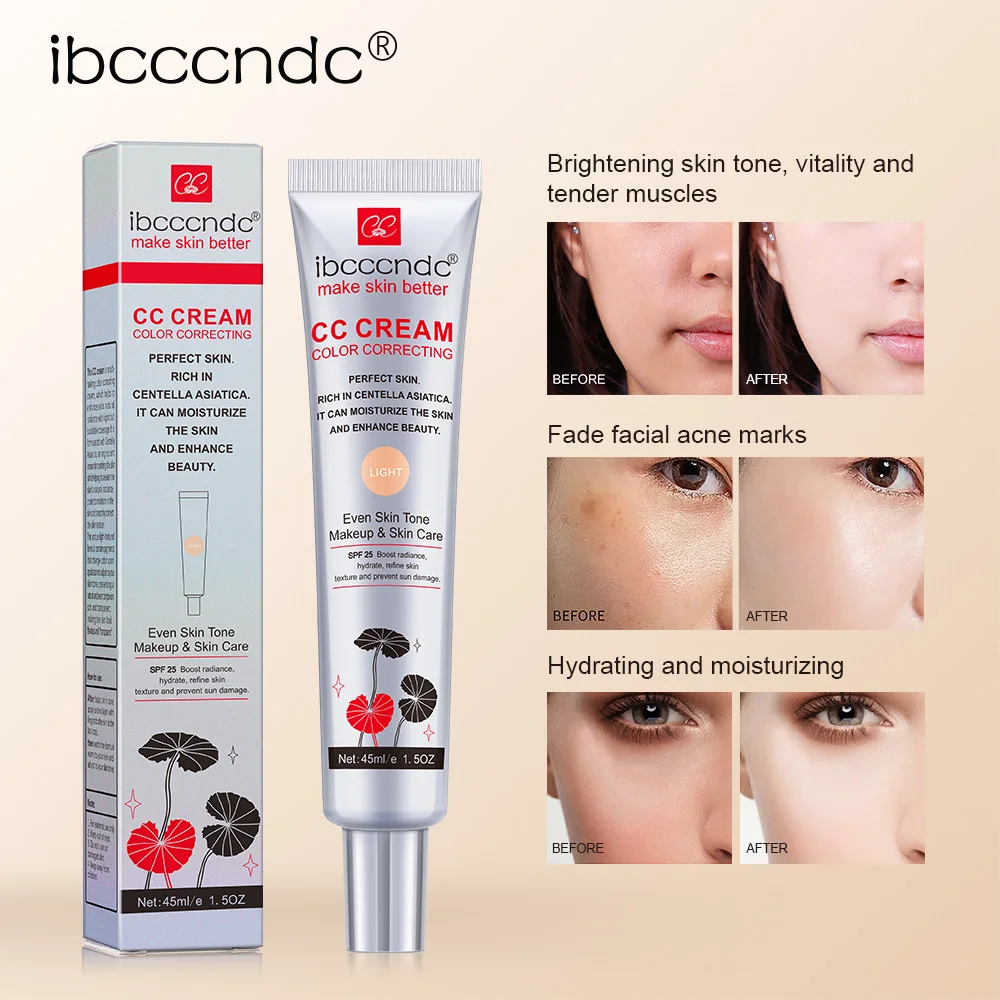 Crema CC Iluminadora, Correctora de Color, Base de Maquillaje Humectante Natural de Larga Duración, Corrector con Protección Solar SPF 25