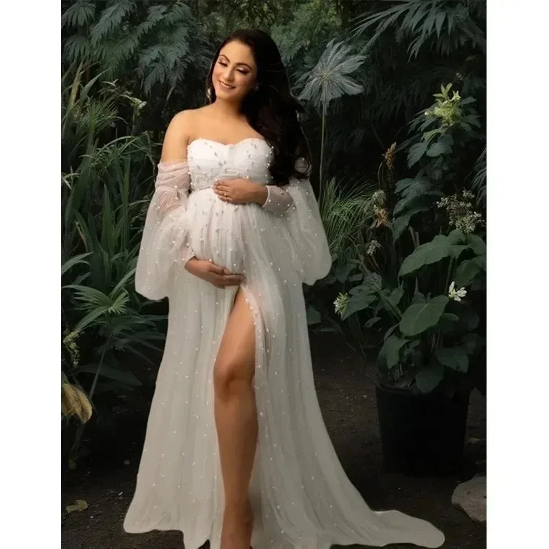 

Жемчужное платье для беременных с разрезом спереди, элегантное платье для фотосессии беременных, платья для детского душа для беременных, платье для беременных