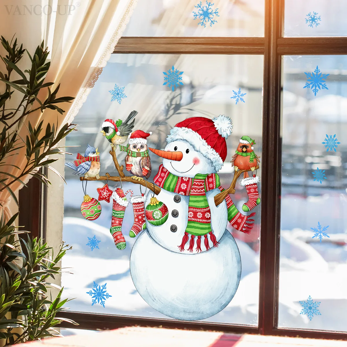 Christmas Window Mirror Stickers Cartoon Raccoon Snowman Snowflake Mouse Static Sticker Merry Christmas Decor Happy New Year