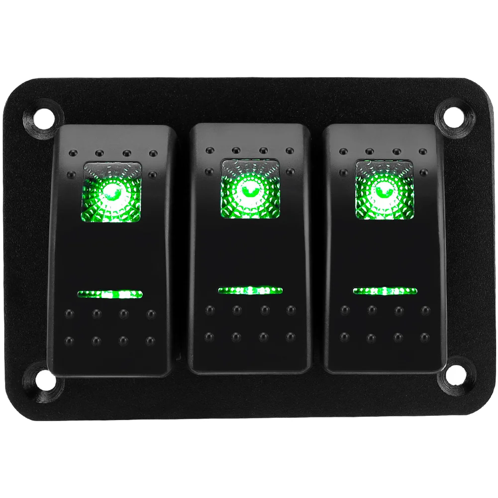 Green LED Rocker Switch Panel IP65 Rated Waterproof Construction for Boat RV Bus Car Marine Electrical Installations