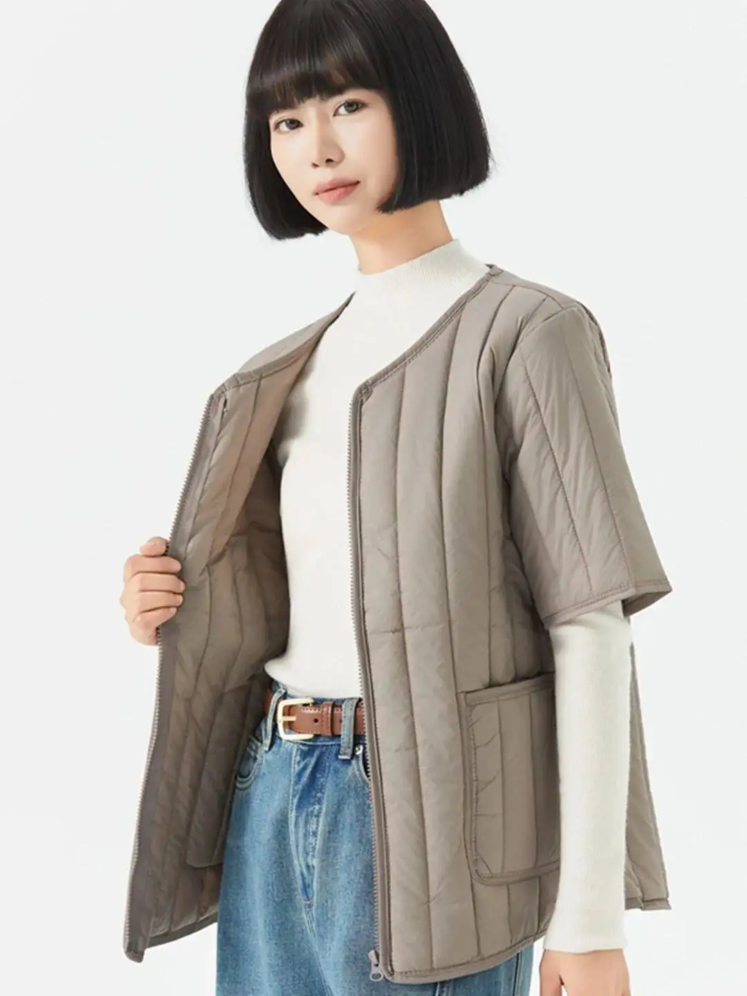 سترة نسائية من القطن خفيفة الوزن بقصة ضيقة وسحاب داخلي حراري للخريف والشتاء