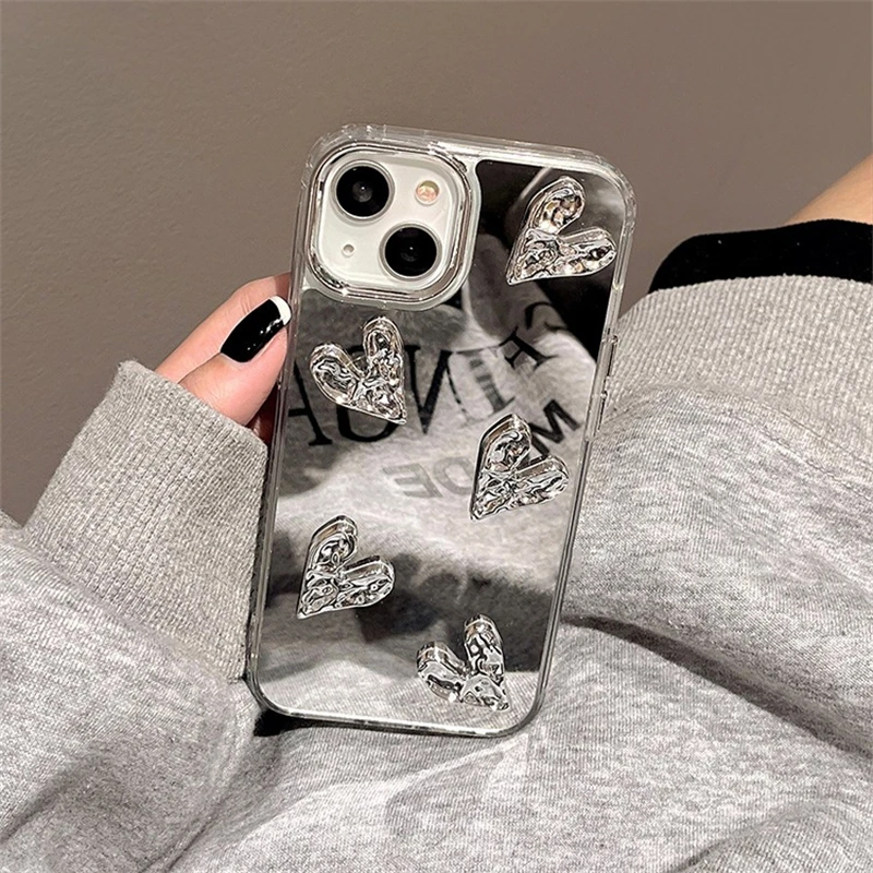 럭셔리 3D 러브 하트 메이크업 거울 전화 케이스 iPhone 15 14 13 12 Pro Max 11 한국 INS 실버 전기 도금 소프트 뒷면 커버