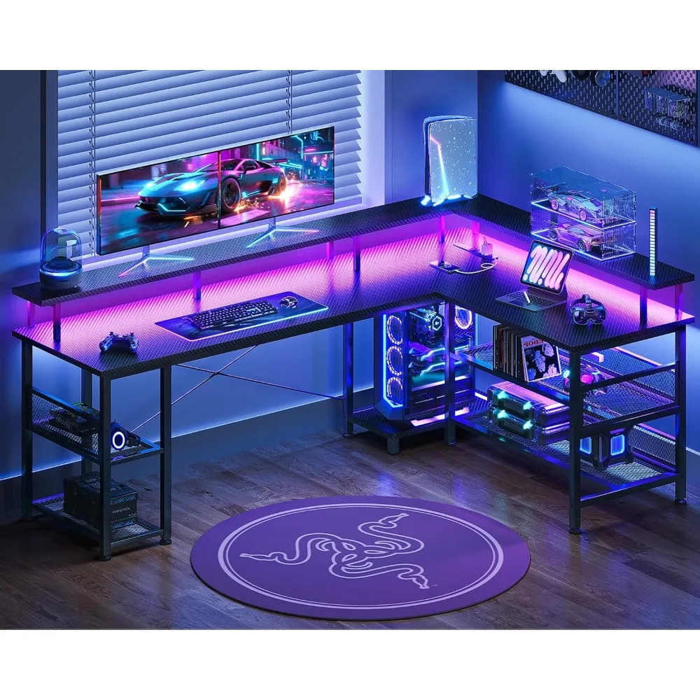 مكتب ألعاب على شكل حرف L بتصميم من ألياف الكربون ومخرج طاقة وإضاءة LED #2