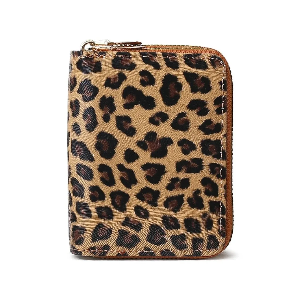 Cute Leopard Print Short Wallet Double Zipper Multi Card Slot Card Holder Large Capacity PU Leather Coin Pouch For Women