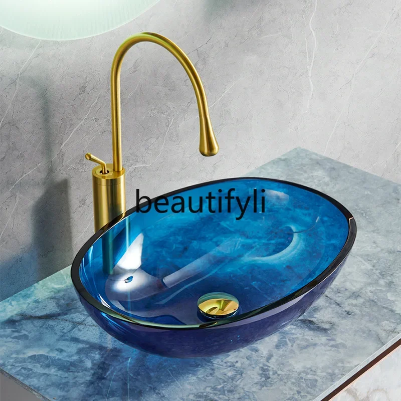 Glass counter basin balcony, art washbasin household bathroom glass sink countertop basin