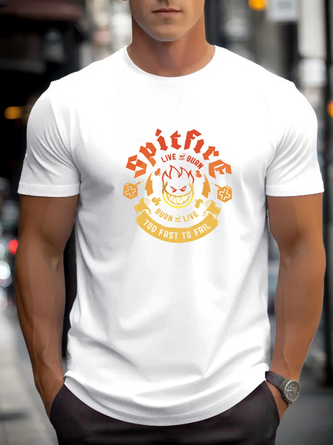 Men's T-Shirt 2025 New Arrival Edgy Punk Spitfire Graphic Fiery Demon Slogan Bold Print Stylish Top Daily Casual