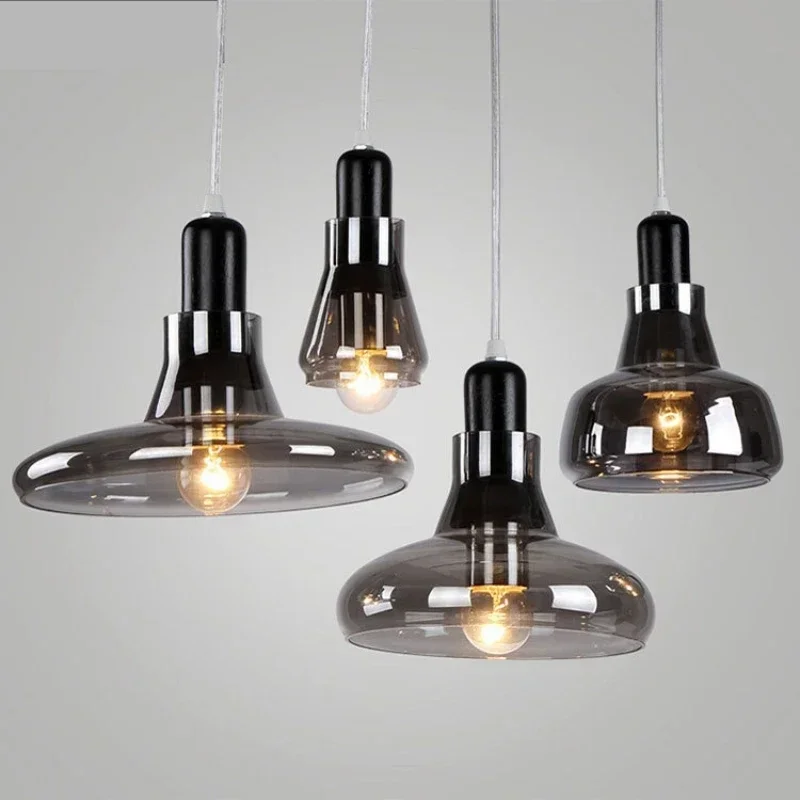 Modern Minimalist Smoke Gray Glass LED Chandelier Restaurant Bar Bedroom Bedside Single Head Pendant Lamp Indoor Lighting Decor