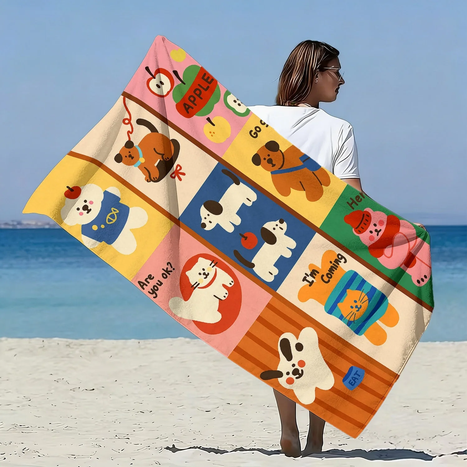 Cartoon animal collage style polyester microfiber beach towel is highly absorbent, suitable for swimming and beach outings