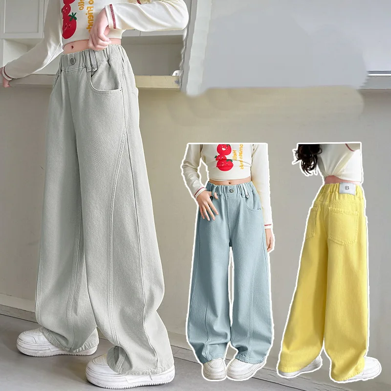

Candy 3 Color Curved Knife Design Jeans for Girls Spring Autumn Loose Casual Children Wide Leg Pants Streetwear Kids Trousers