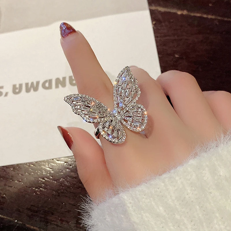 Zircon Butterfly Ring Gem Stone Opening Exaggerated Big Knuckle Rings Glamorous Wedding Party Jewelry Gifts For Women