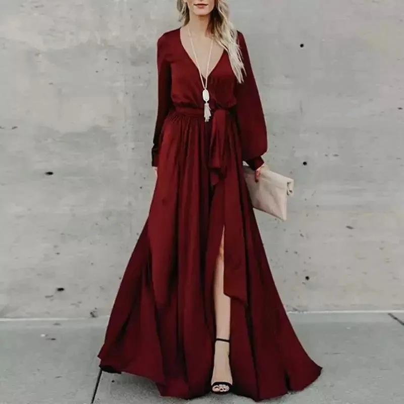 

2025 New Wine Red Deep V Neck Long Sleeve Bow Tie Belt High Waist Thigh Slit Elegant Dress Women Formal Banquet Gown