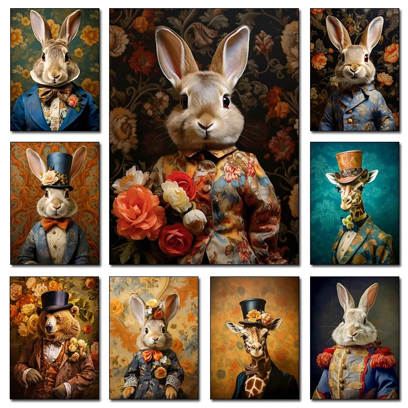 Diamond Painting Vintage Floral Noble Rabbit Hare Bunny Giraffe Bear Portrait Animals Poster Diamond Painting  Wall Art HD Pic