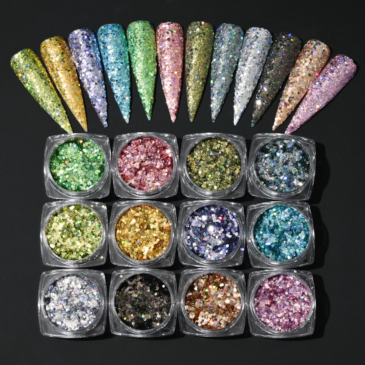 Ensemble de paillettes holographiques irisées pour ongles, mélange hexagonal, poudre d'art d'ongle, vernis gel, accessoires de manucure, 12 boîtes