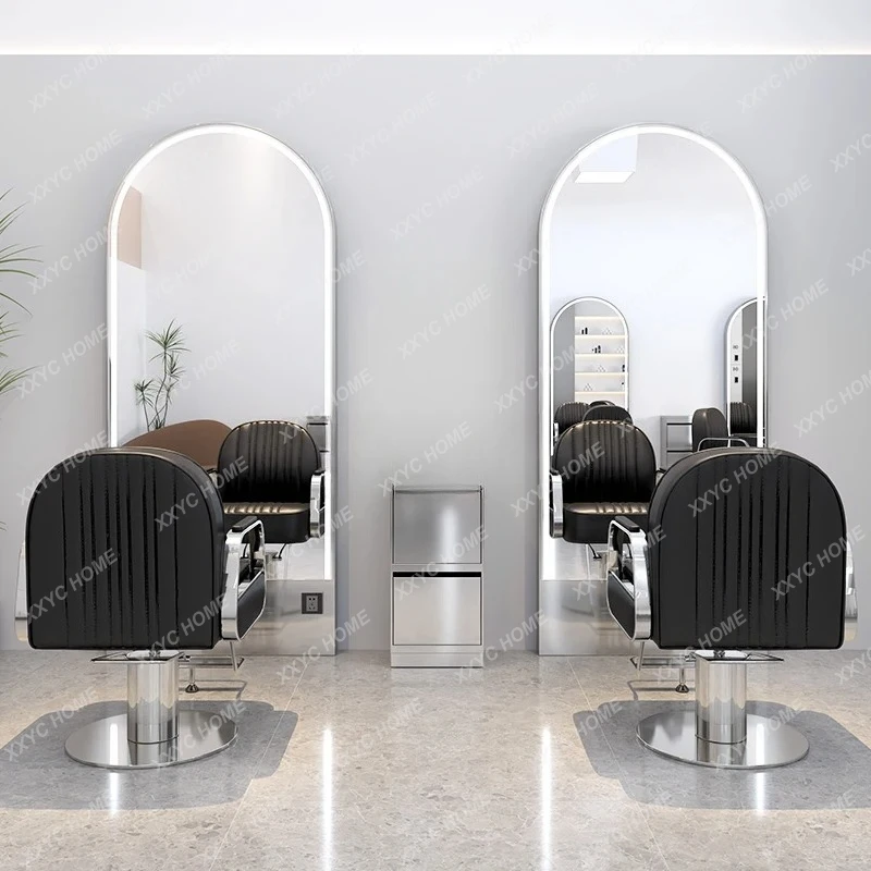 A  Hair salon mirror table Double-sided led floor-to-ceiling stainless steel barber shop mirror with light