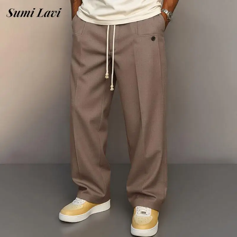 

Уличная одежда, новые повседневные брюки для мужчин, весенне-осенние модные однотонные брюки на шнуровке, мужские винтажные свободные брюки на шнурке
