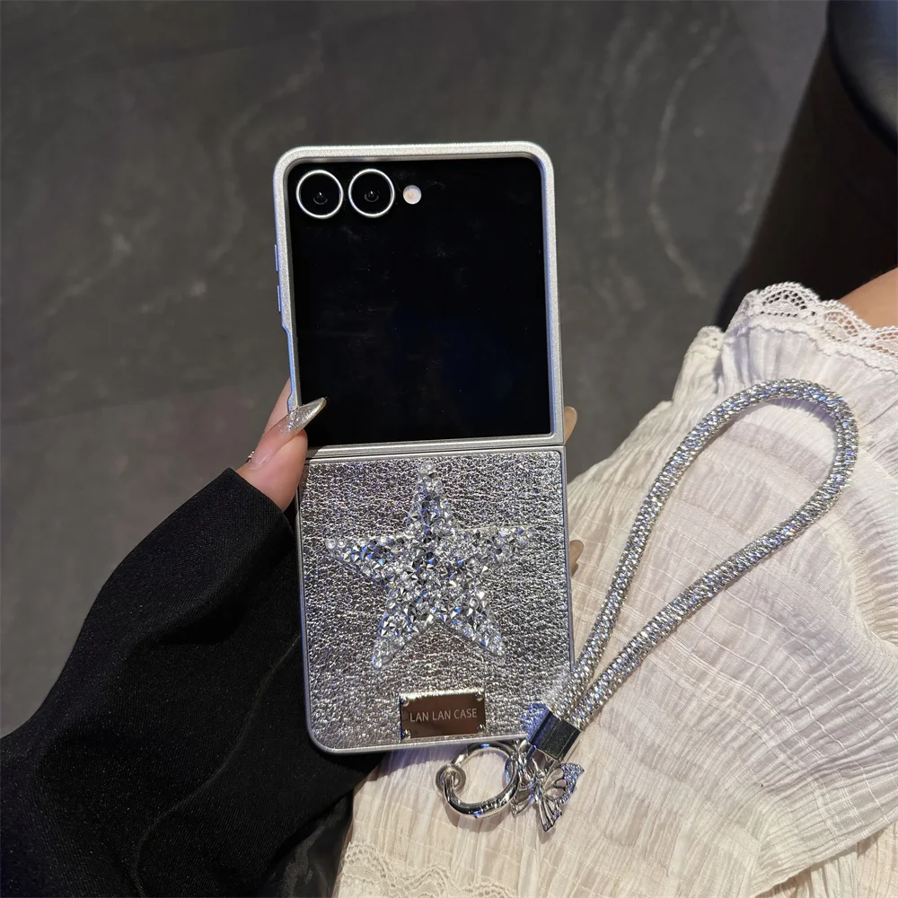 

Luxury leather Flash drill star phone case for Samsung Galaxy Z Flip7 flip5 6 Flip 4 3 Flip6 cover with chain protective cover
